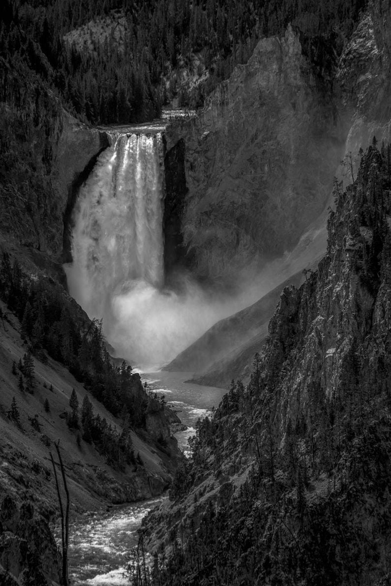 B&W of lower falls Yellowstone wall art